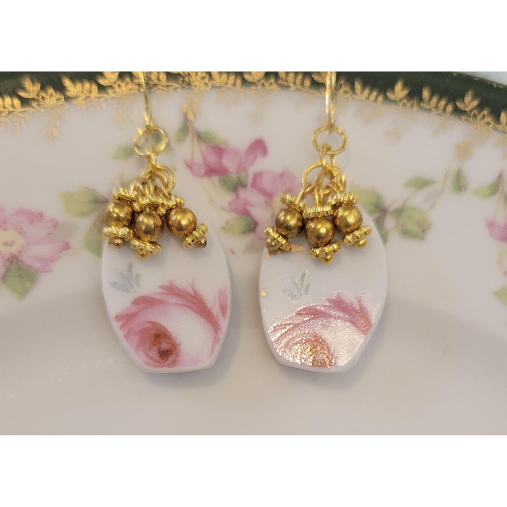 Broken China Pink Rose Royal Scotland Beaded Earrings